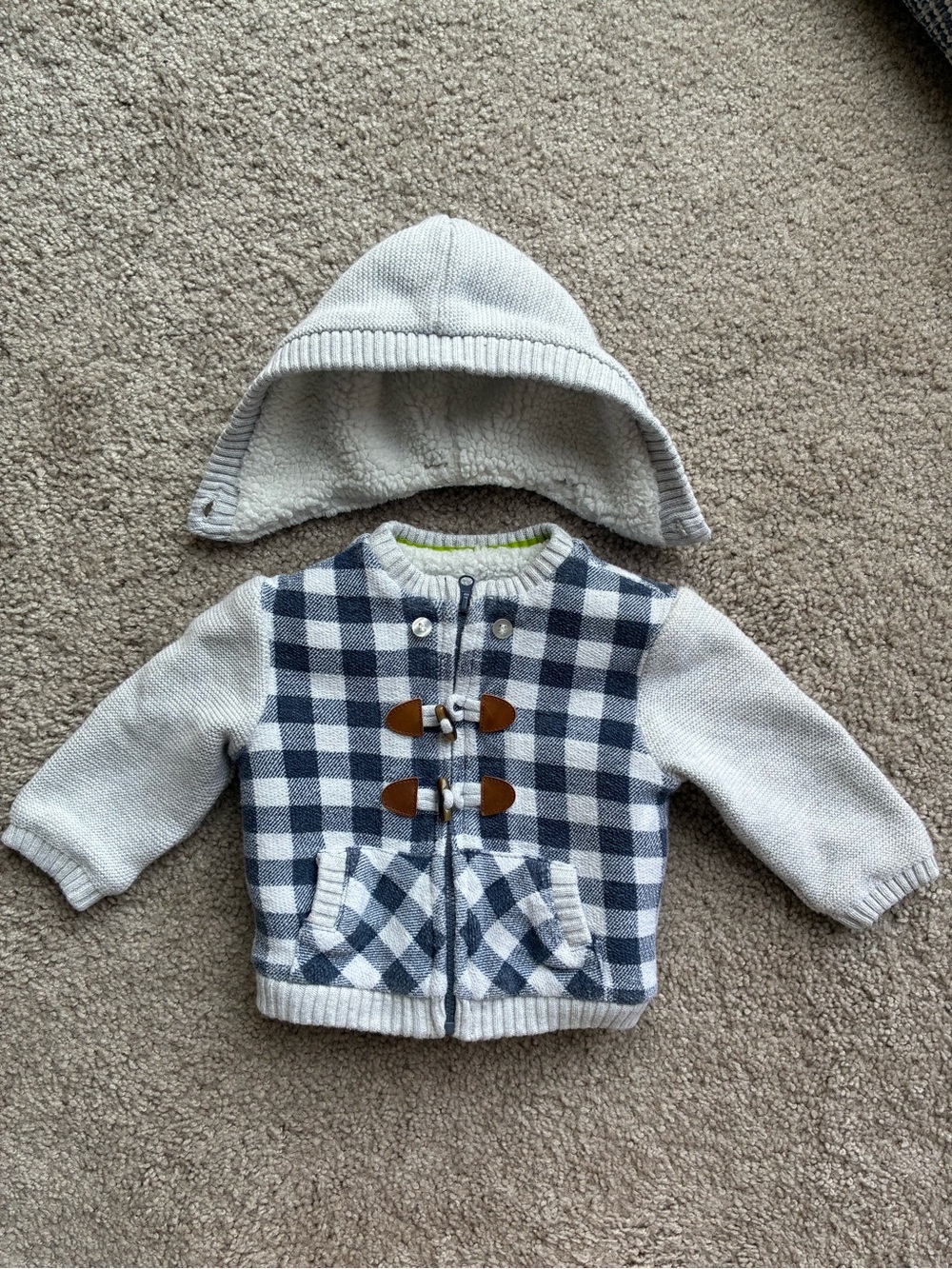 Mayoral Navy and White Plaid Hooded Sherpa Lined Knit Jacket